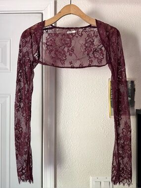HOUSE OF CB burgundy wine plum lace sheer bolero knit stretch jacket cover up